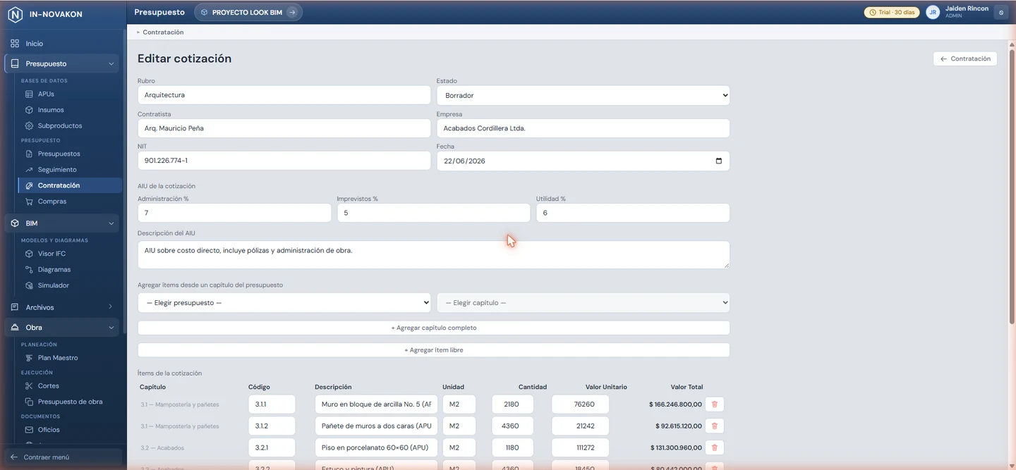 Pantalla de Contratación en IN-NOVAKON